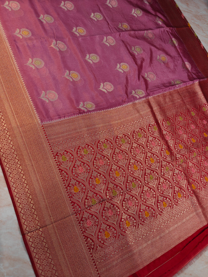 PAPER SILK IN MAGENTA WITH MINAKARI BOOTA AND RED BORDER
