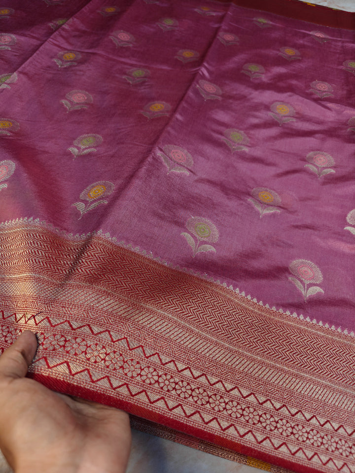 PAPER SILK IN MAGENTA WITH MINAKARI BOOTA AND RED BORDER