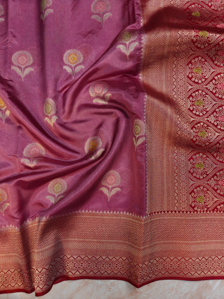 PAPER SILK IN MAGENTA WITH MINAKARI BOOTA AND RED BORDER
