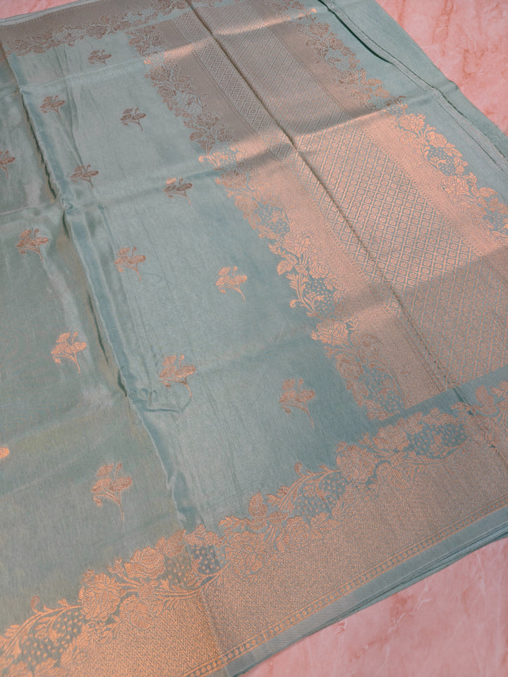 RUSSIAN SILK IN SEA GREENWITH FLORAL BOOTI SAREE
