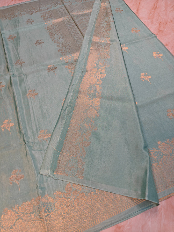 RUSSIAN SILK IN SEA GREENWITH FLORAL BOOTI SAREE