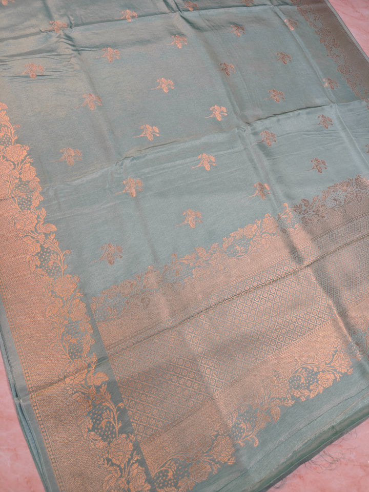 RUSSIAN SILK IN SEA GREENWITH FLORAL BOOTI SAREE