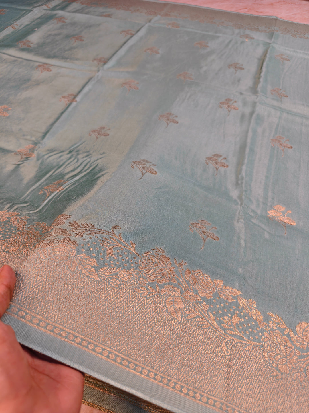 RUSSIAN SILK IN SEA GREENWITH FLORAL BOOTI SAREE