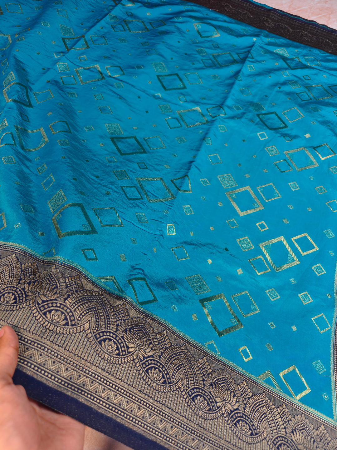RUSSIAN SILK IN TURQUOISE BLUE WITH NAVY BLUE BORDER