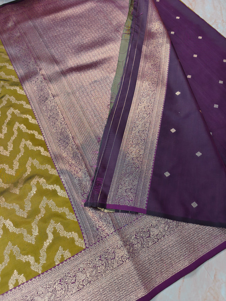 BANARASI KATAN SILK IN MEHENDI GREEN WITH MAGENTA BORDER