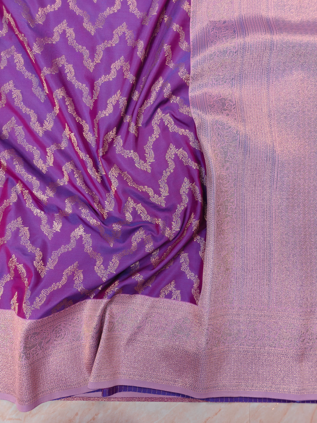 BANARASI KATAN SILK IN PURPLE WITH LAVENDER BORDER