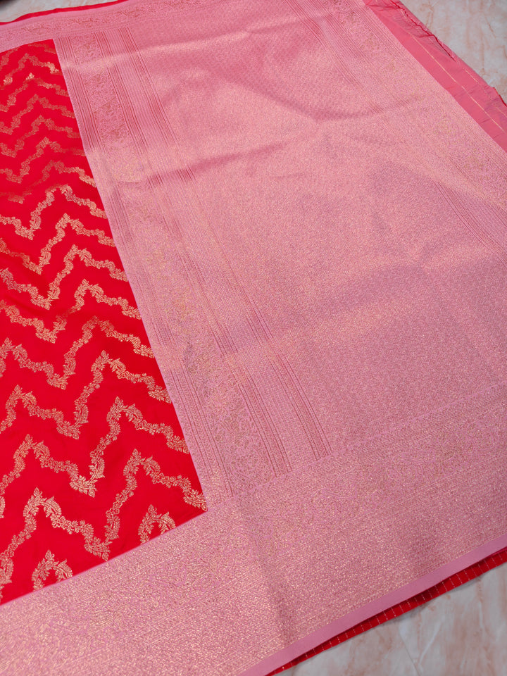 BANARASI KATAN SILK IN RED WITH BABY PINK BORDER