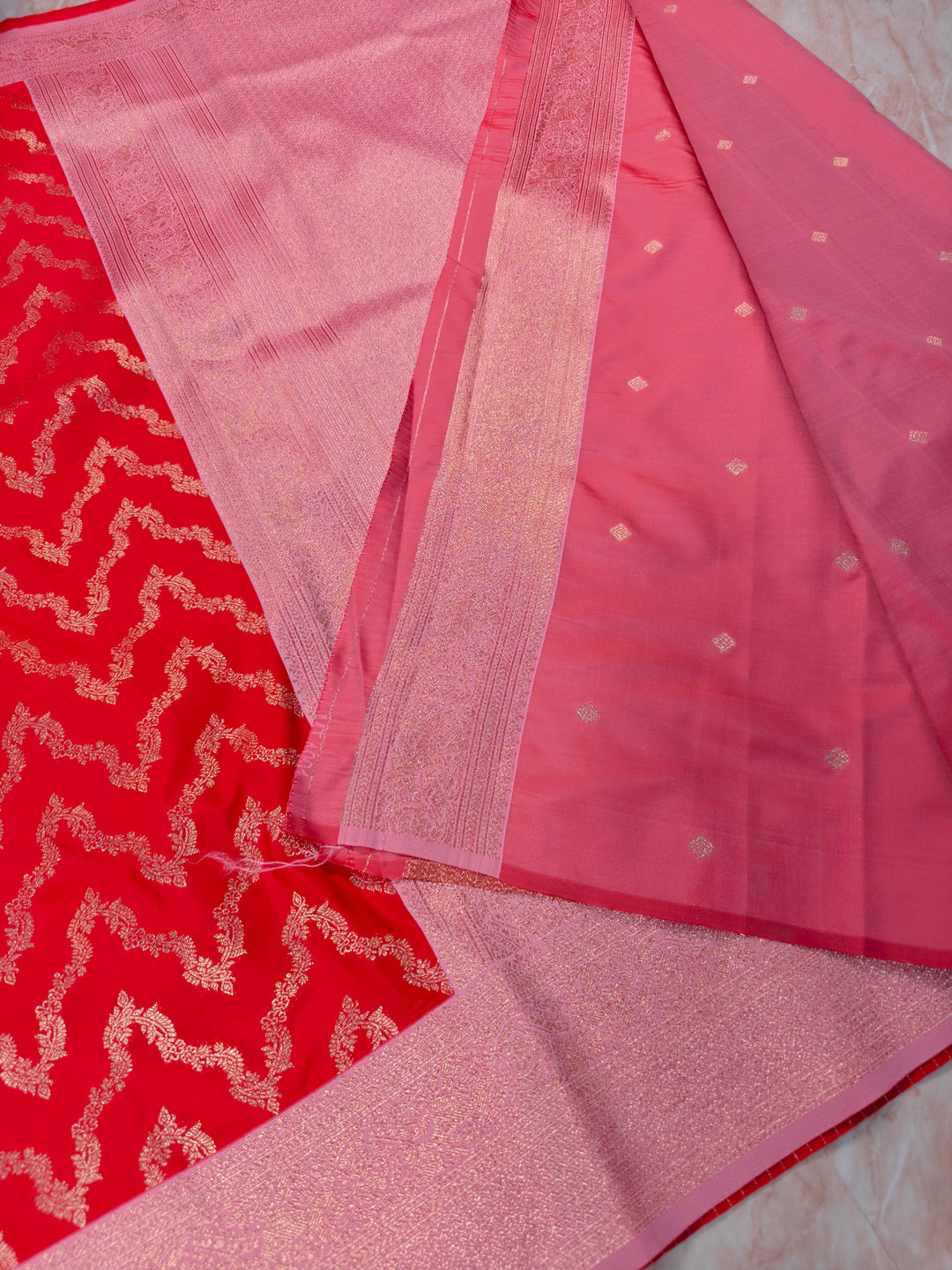 BANARASI KATAN SILK IN RED WITH BABY PINK BORDER