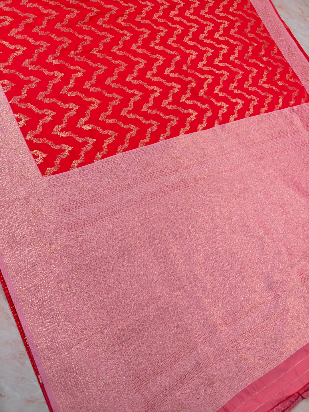 BANARASI KATAN SILK IN RED WITH BABY PINK BORDER