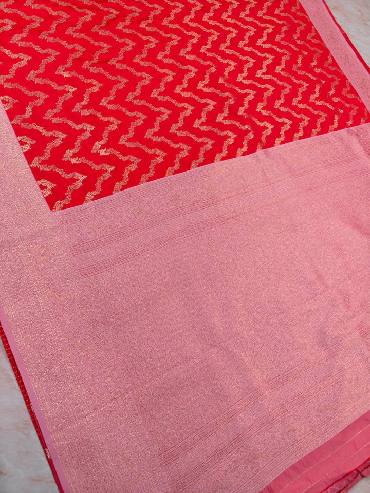 BANARASI KATAN SILK IN RED WITH BABY PINK BORDER