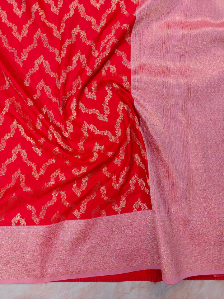 BANARASI KATAN SILK IN RED WITH BABY PINK BORDER