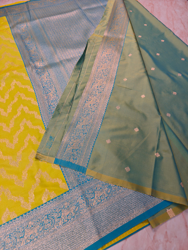 BANARASI KATAN SILK IN GOLD WITH SKY BLUE BORDER