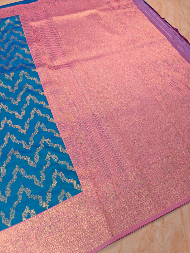 BANARASI KATAN SILK FEROZI BLUE WITH BABY PINK BORDER