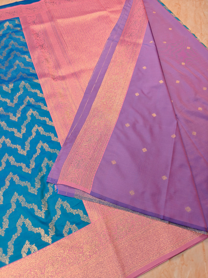 BANARASI KATAN SILK FEROZI BLUE WITH BABY PINK BORDER