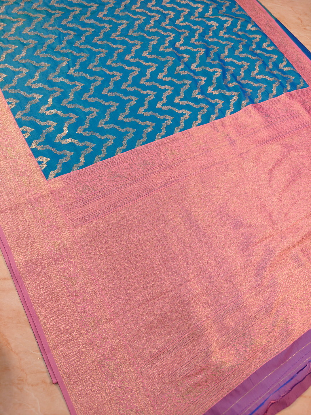 BANARASI KATAN SILK FEROZI BLUE WITH BABY PINK BORDER