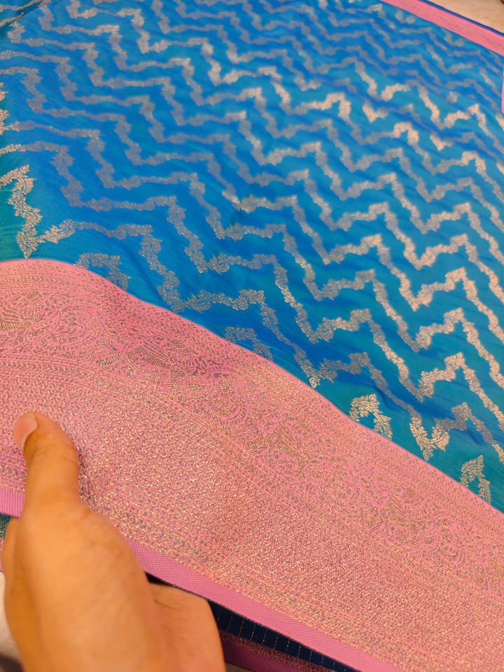 BANARASI KATAN SILK FEROZI BLUE WITH BABY PINK BORDER