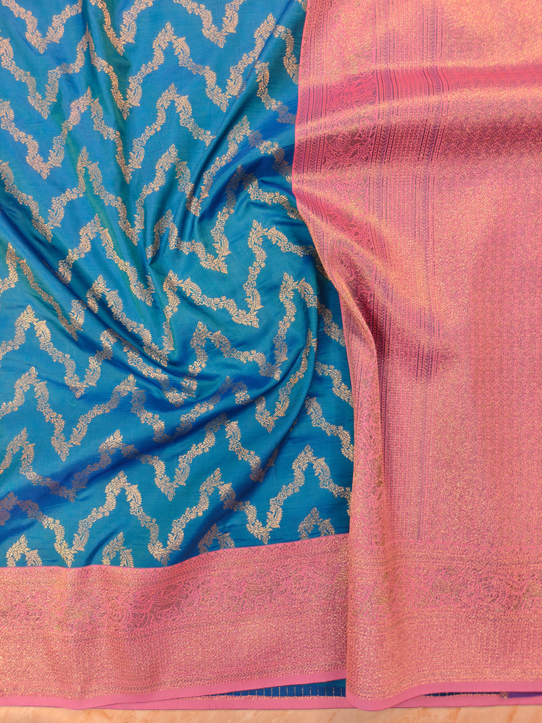 BANARASI KATAN SILK FEROZI BLUE WITH BABY PINK BORDER