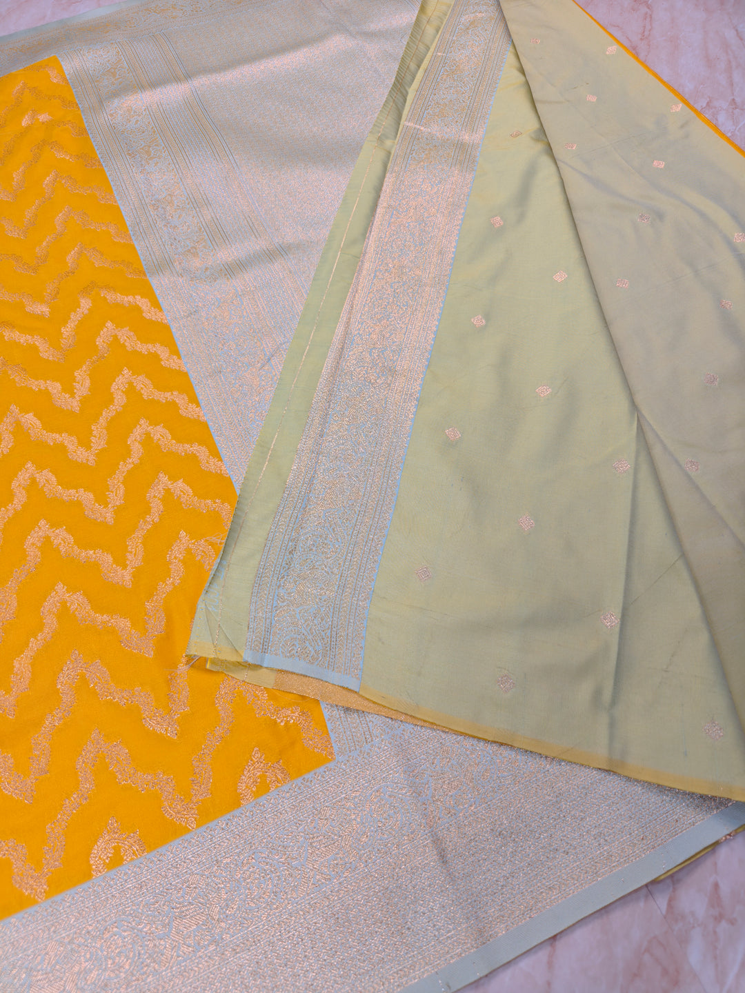 BANARASI KATAN SILK IN AIRY GOLD WITH LIGHT BLUE BORDER