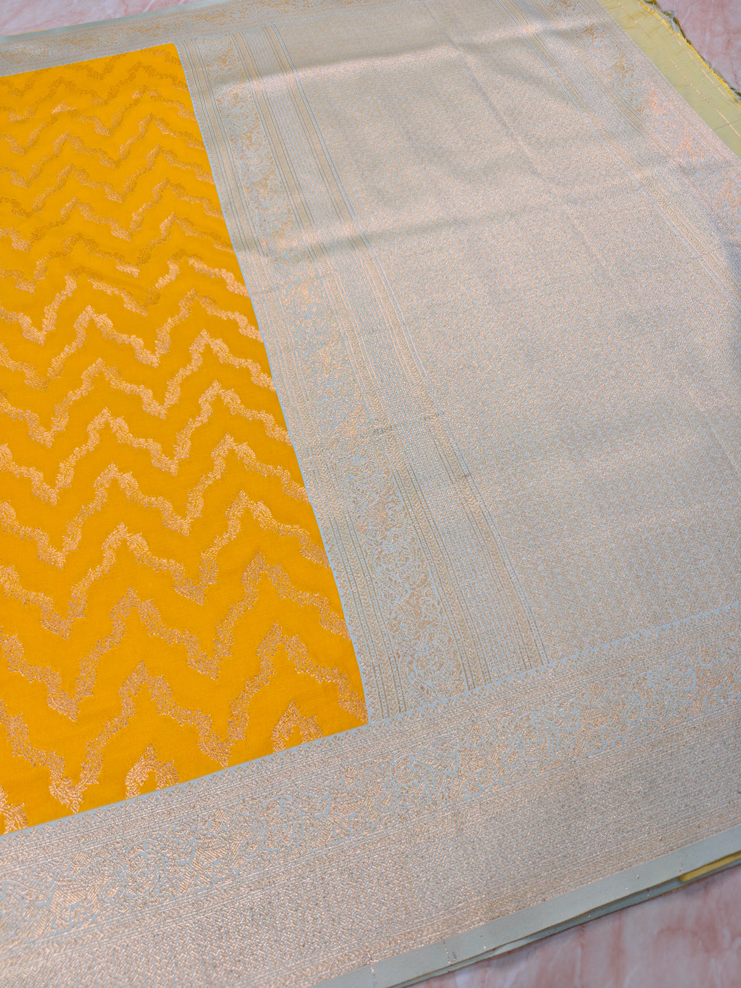 BANARASI KATAN SILK IN AIRY GOLD WITH LIGHT BLUE BORDER