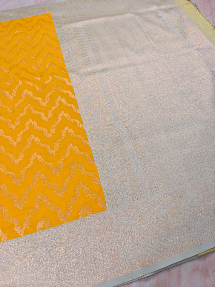 BANARASI KATAN SILK IN AIRY GOLD WITH LIGHT BLUE BORDER