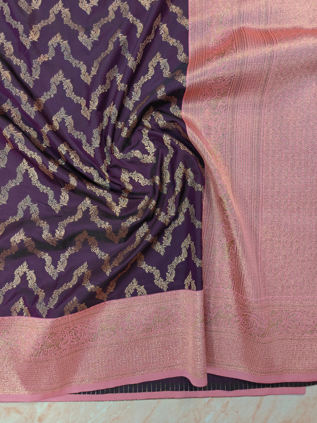 BANARASI KATAN SILK IN PURPLE WITH WITH BABY PINK