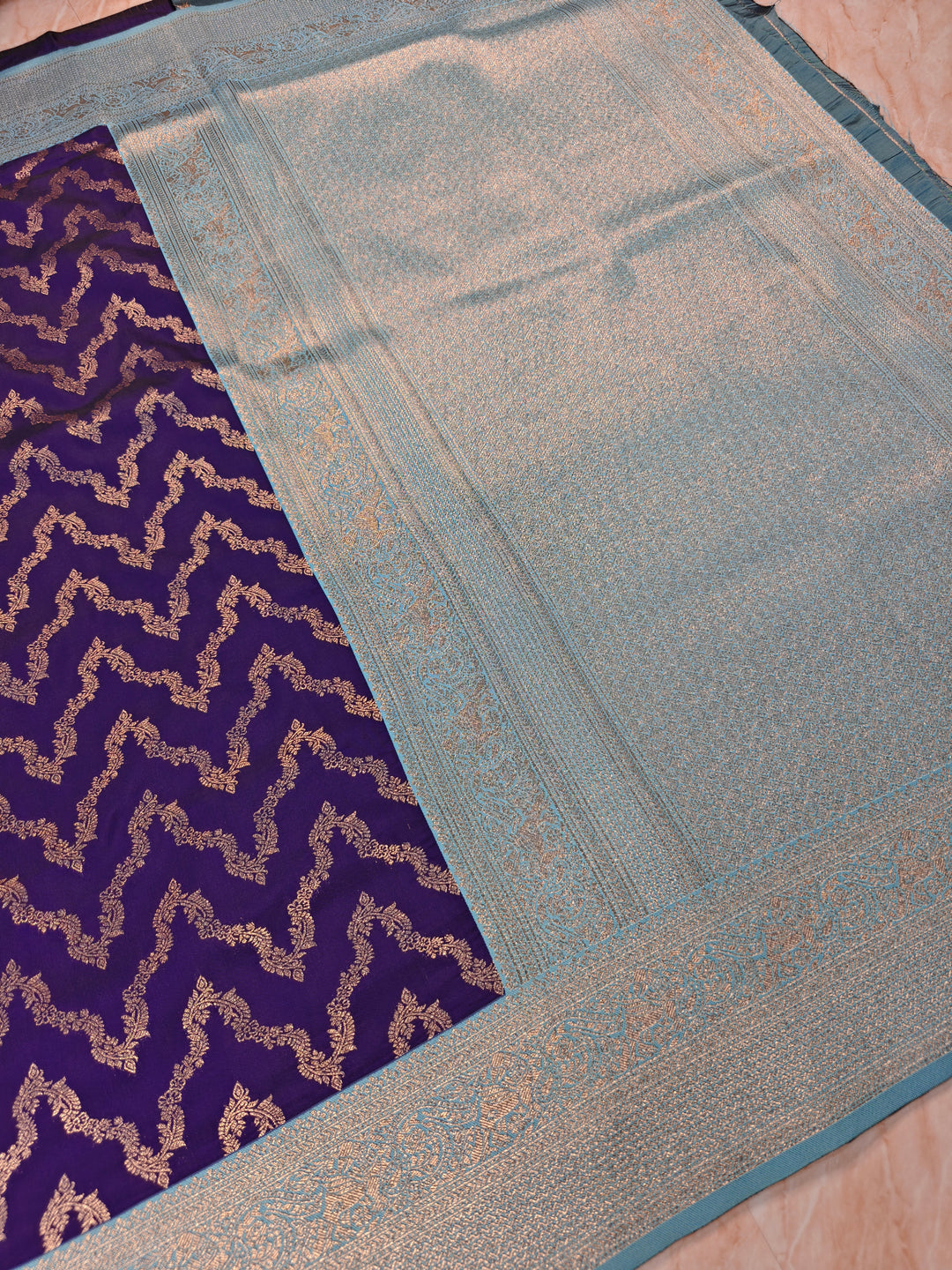 BANARASI KATAN SILK IN PURPLE WITH SKY BLUE