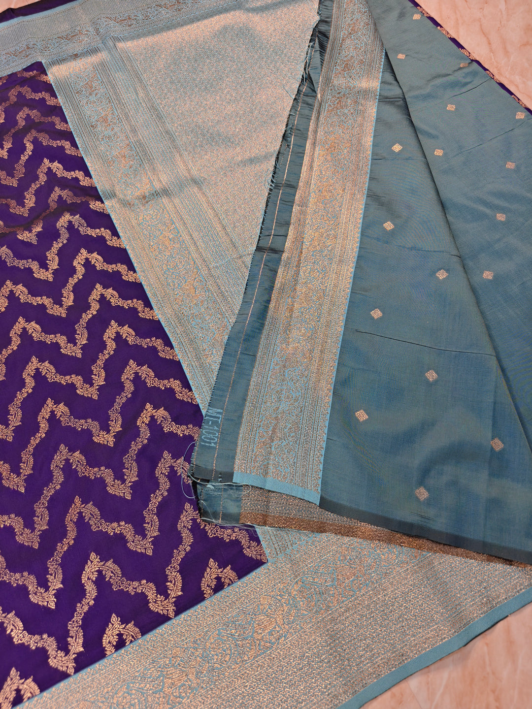 BANARASI KATAN SILK IN PURPLE WITH SKY BLUE