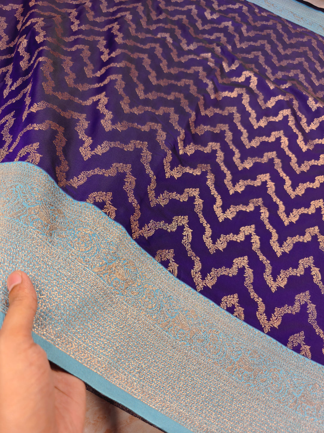 BANARASI KATAN SILK IN PURPLE WITH SKY BLUE