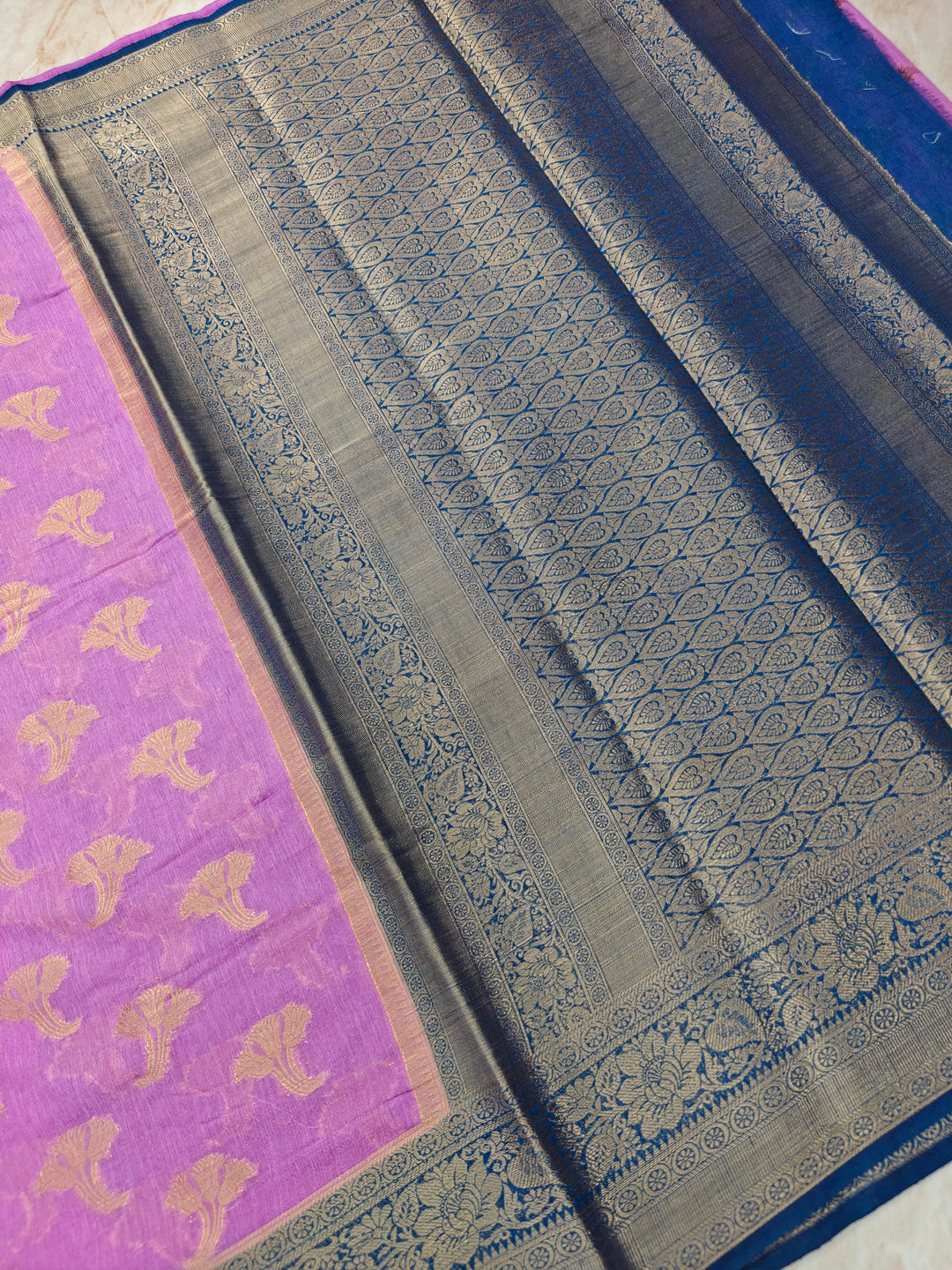 BANARASI SILK IN LAVENDER WITH  NAVY BLUE BORDER