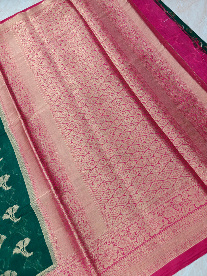 BANARASI SILK IN BOTTLE GREEN WITH RED BORDER