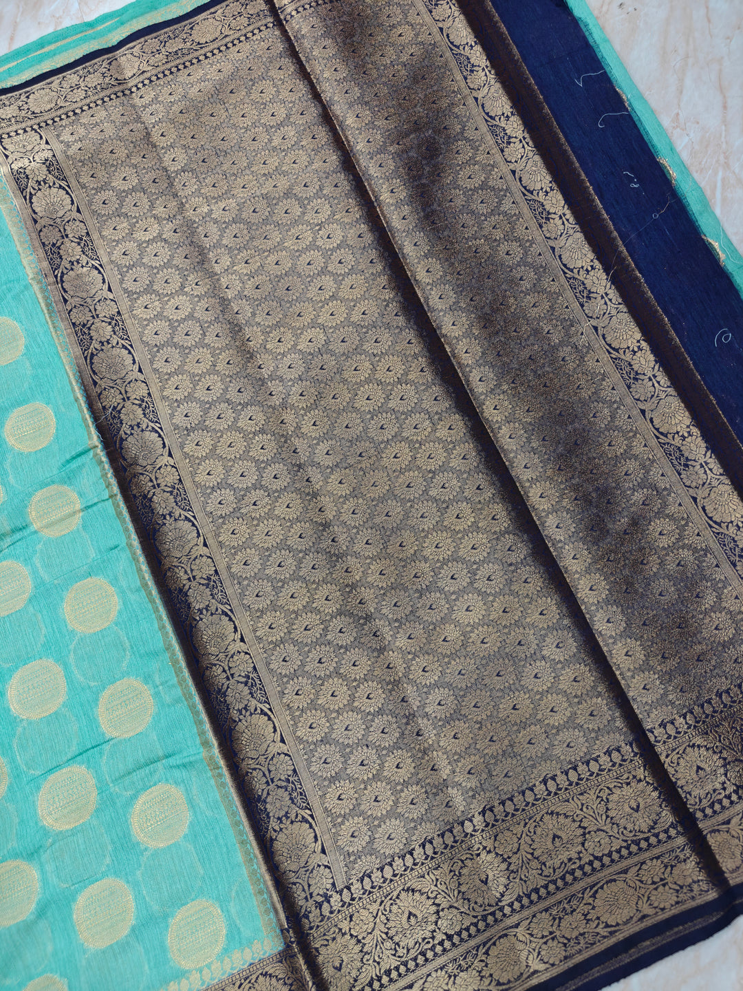 BANARSAI SILK IN SEA GREEN COLOUR WITH BLACK BORDER