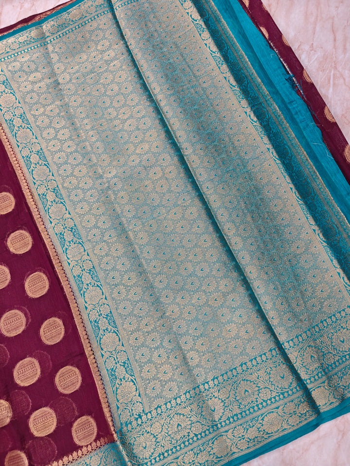 GARNET BANARASI SILK WITH RAMA GREEN BORDER