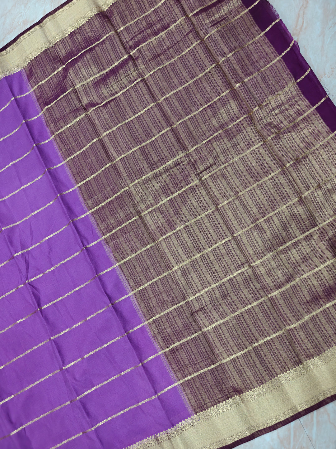 CREPE GEORGETTE IN VIOLET WITH WINE BORDER