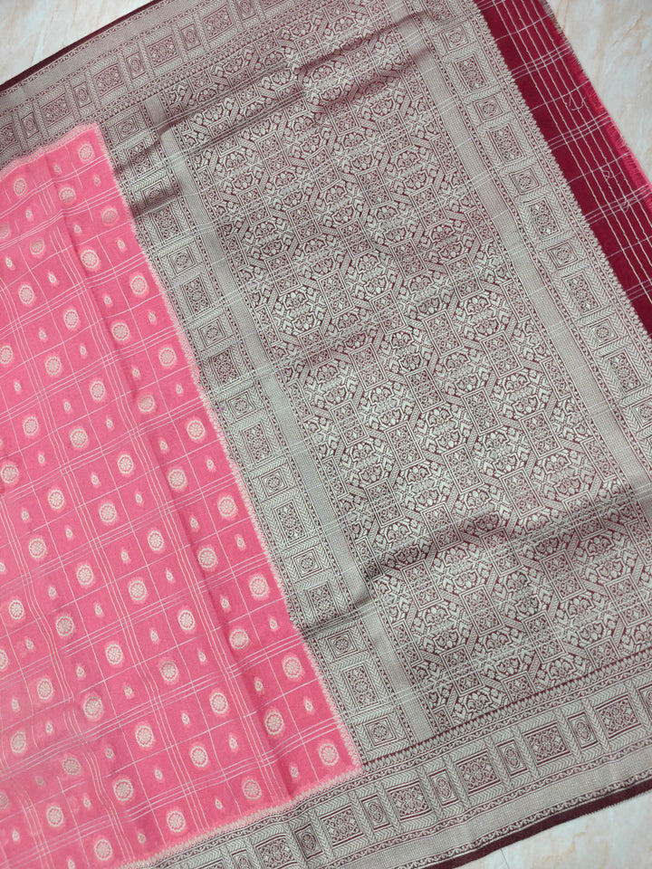 CREPE GEORGETTE IN PASTEL PEACH WITH COFFE BORDER