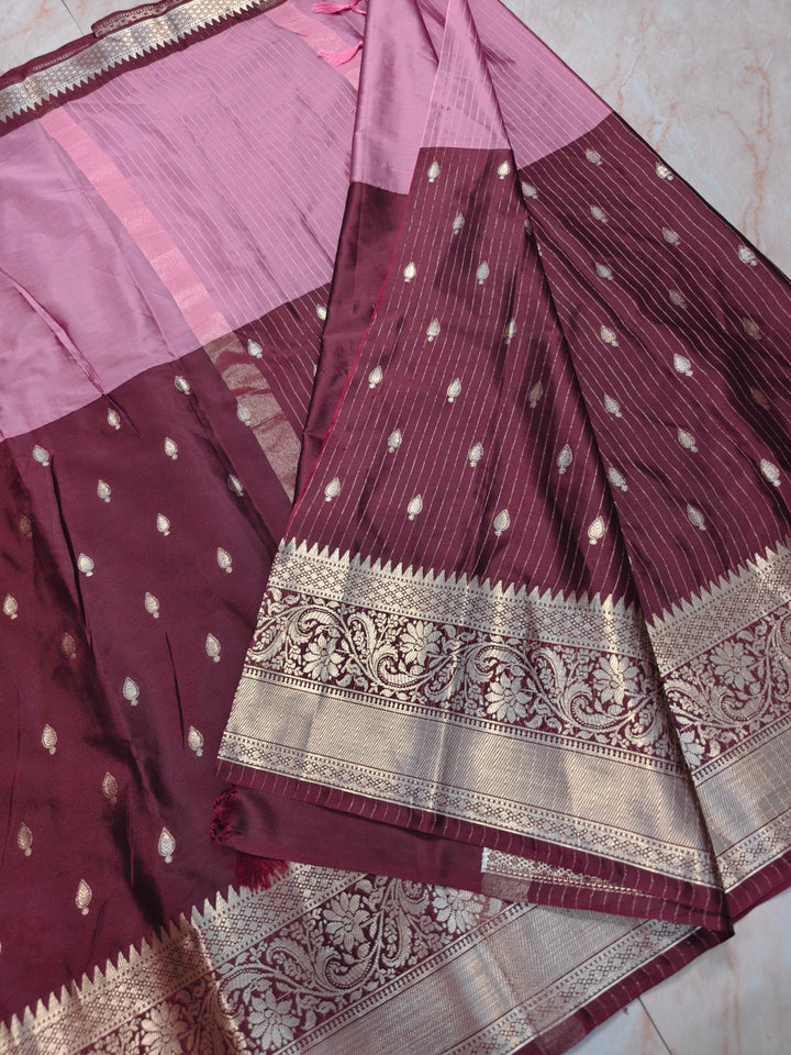 BANARSI KATAN PATTU IN ONION PINK WITH VINE BORDER