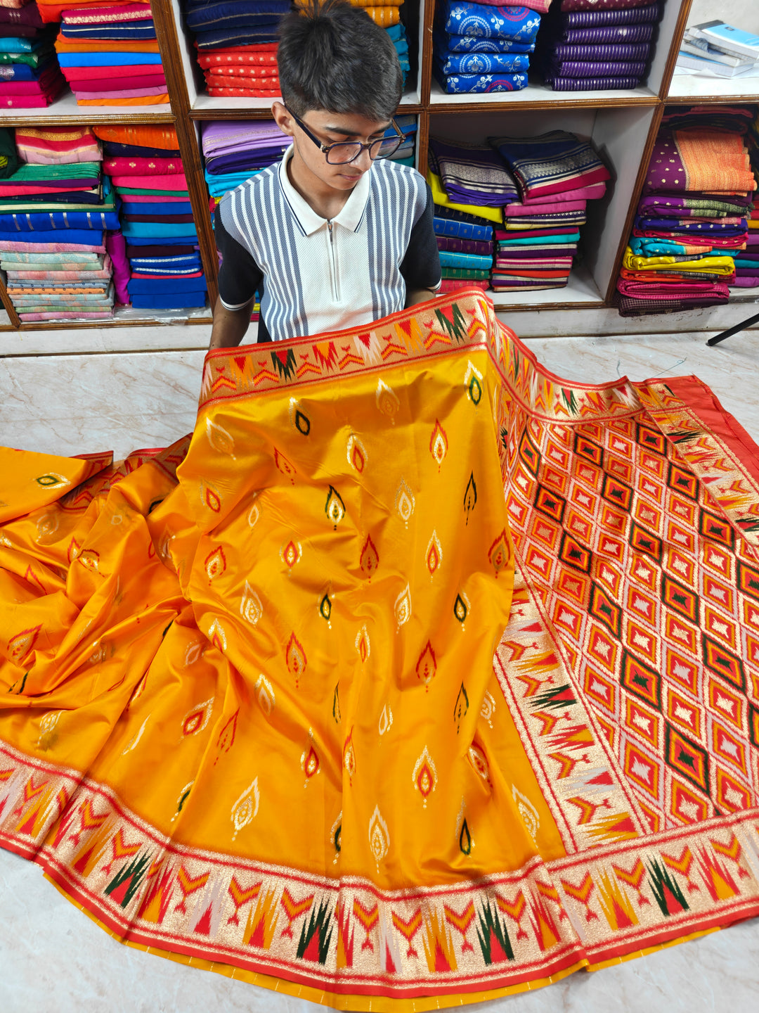 BANARASI KATAN SOFT SILK IN MANGO COLOUR WITH IKKAT STYLE