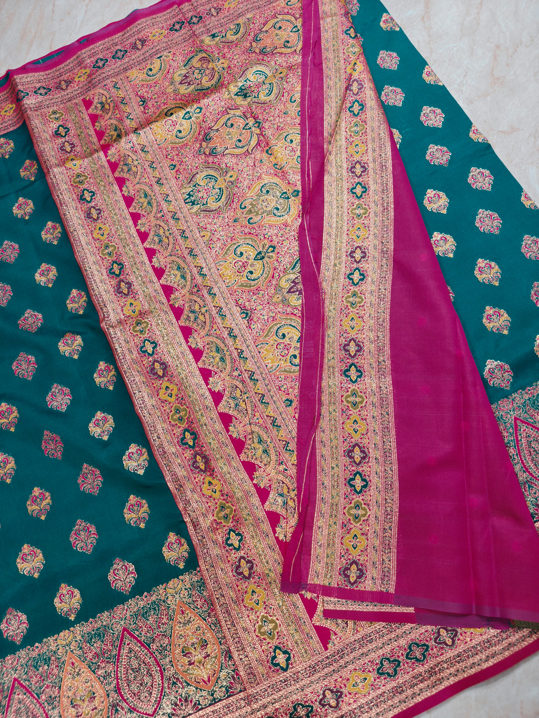 PASHMINA KASHMIRI SEMI SILK IN BLUE WITH RANI BORDER