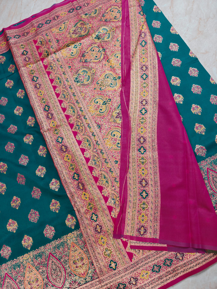 PASHMINA KASHMIRI SEMI SILK IN BLUE WITH RANI BORDER