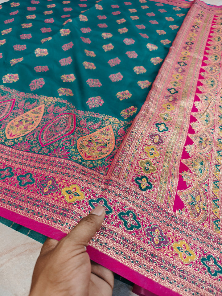 PASHMINA KASHMIRI SEMI SILK IN BLUE WITH RANI BORDER