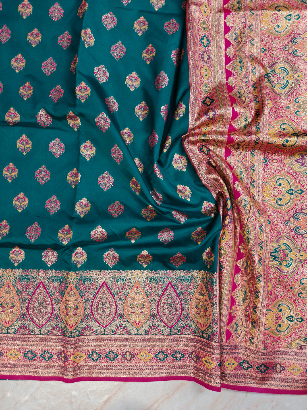 PASHMINA KASHMIRI SEMI SILK IN BLUE WITH RANI BORDER