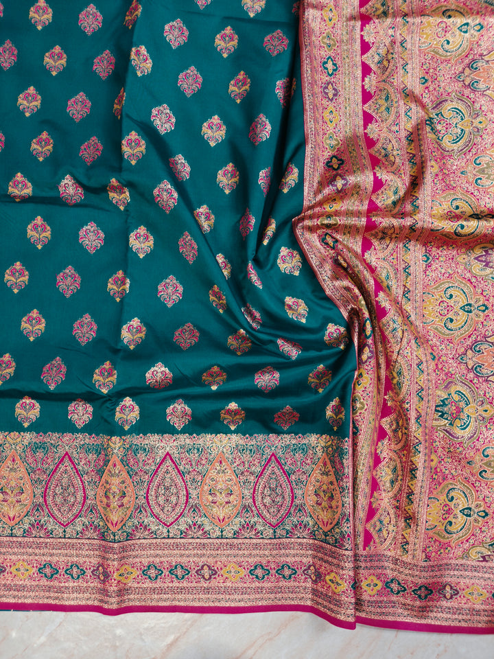 PASHMINA KASHMIRI SEMI SILK IN BLUE WITH RANI BORDER