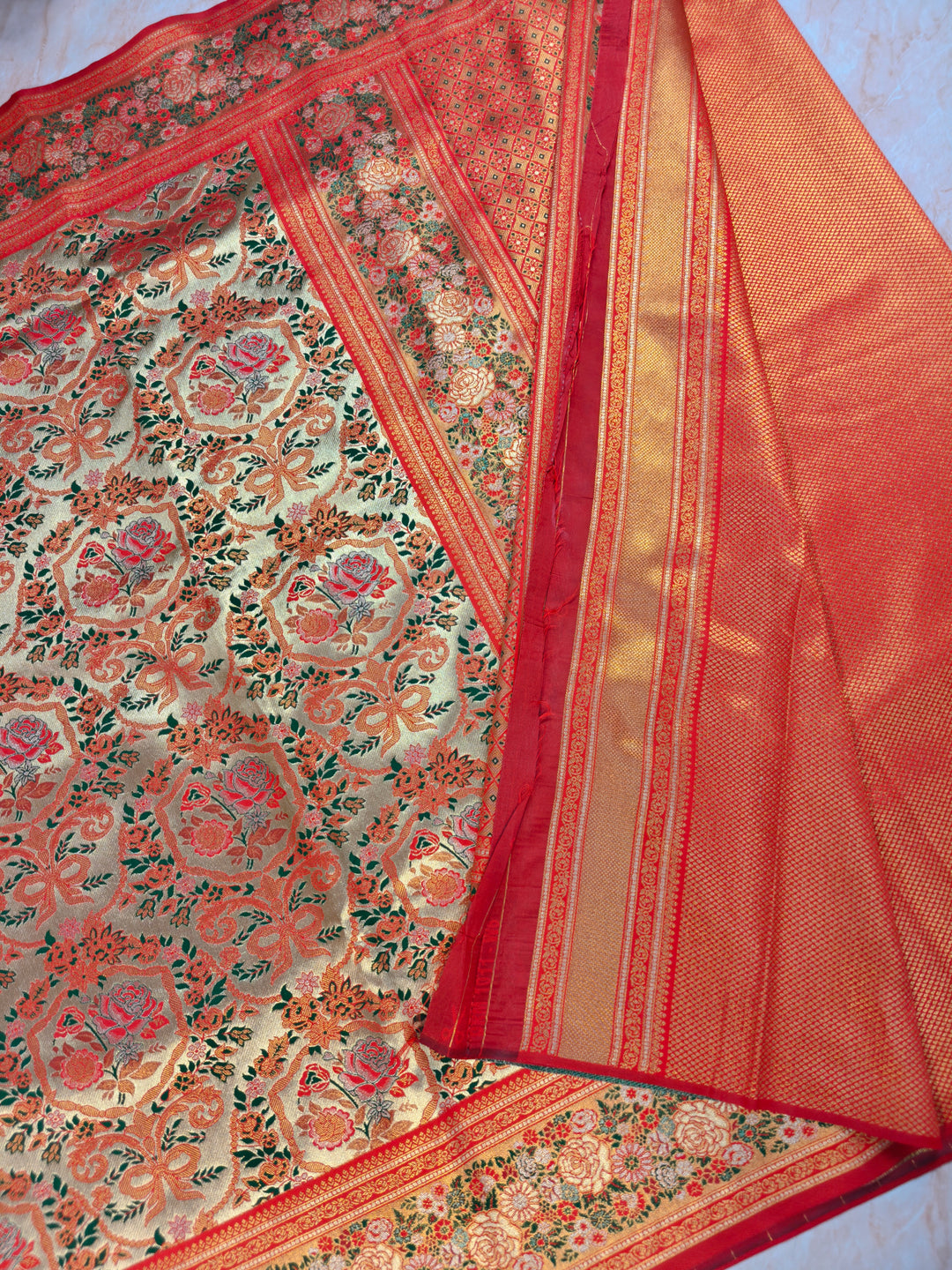 DHARMAWARAM GOLD MEENAKARI ZARI WORK WITH FLORAL DESIGNS