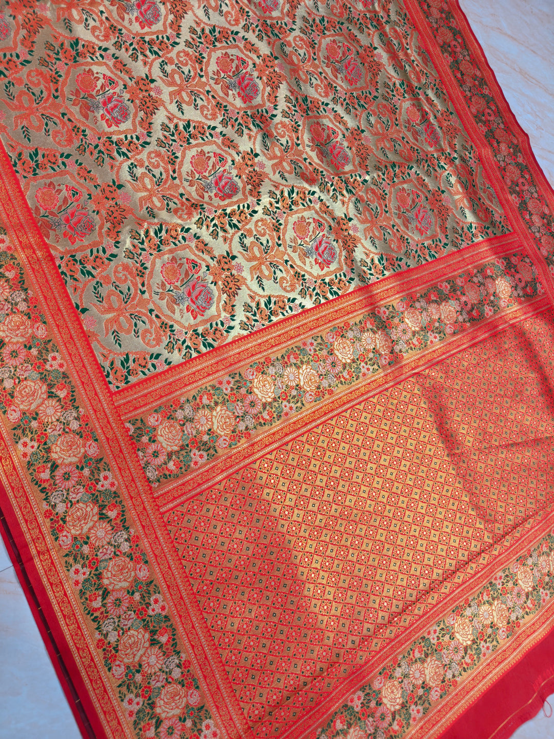 DHARMAWARAM GOLD MEENAKARI ZARI WORK WITH FLORAL DESIGNS