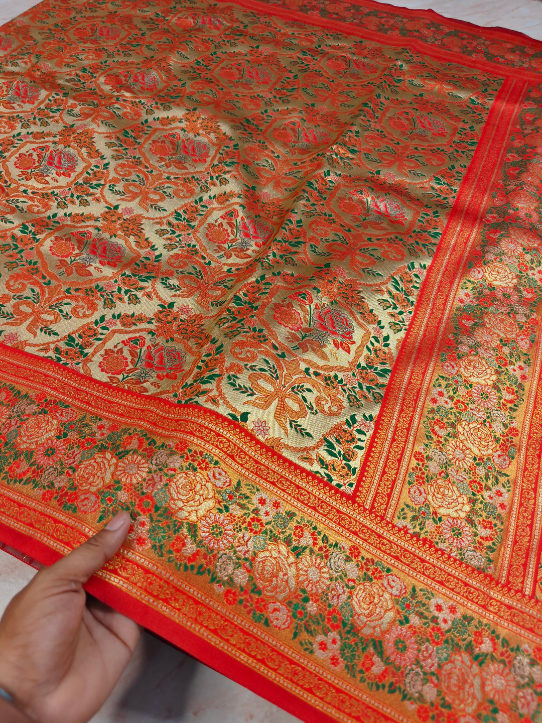 DHARMAWARAM GOLD MEENAKARI ZARI WORK WITH FLORAL DESIGNS