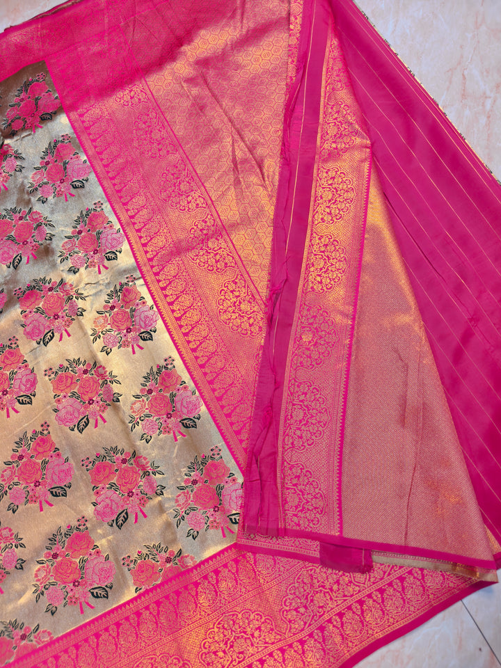 DHARAMVARAM ALFI IN GOLD WITH FLORAL ROSE DESIGNS WITH RANI BORDER