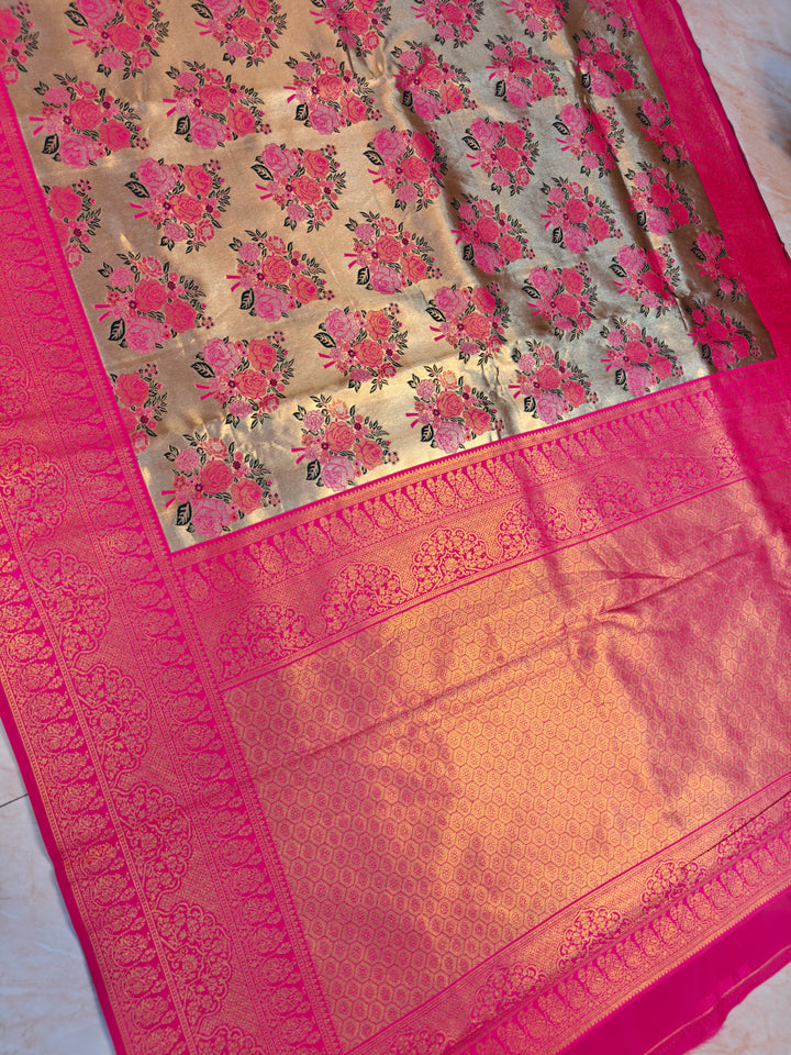 DHARAMVARAM ALFI IN GOLD WITH FLORAL ROSE DESIGNS WITH RANI BORDER