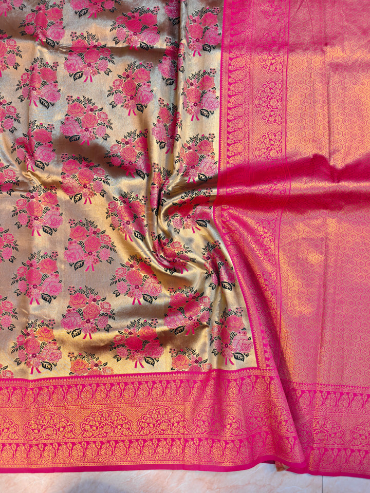 DHARAMVARAM ALFI IN GOLD WITH FLORAL ROSE DESIGNS WITH RANI BORDER