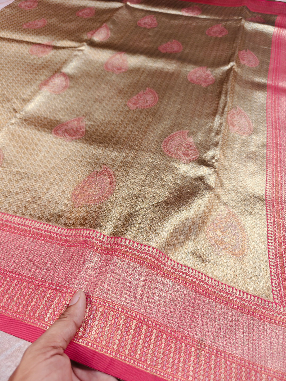 DHARMAVARAM TISU IN GOLD WITH RED BORDER