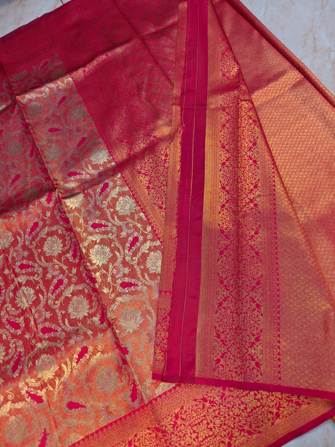 DHARMAVARAM TISU IN GOLD SILVER FUSION WITH RED COLOUR