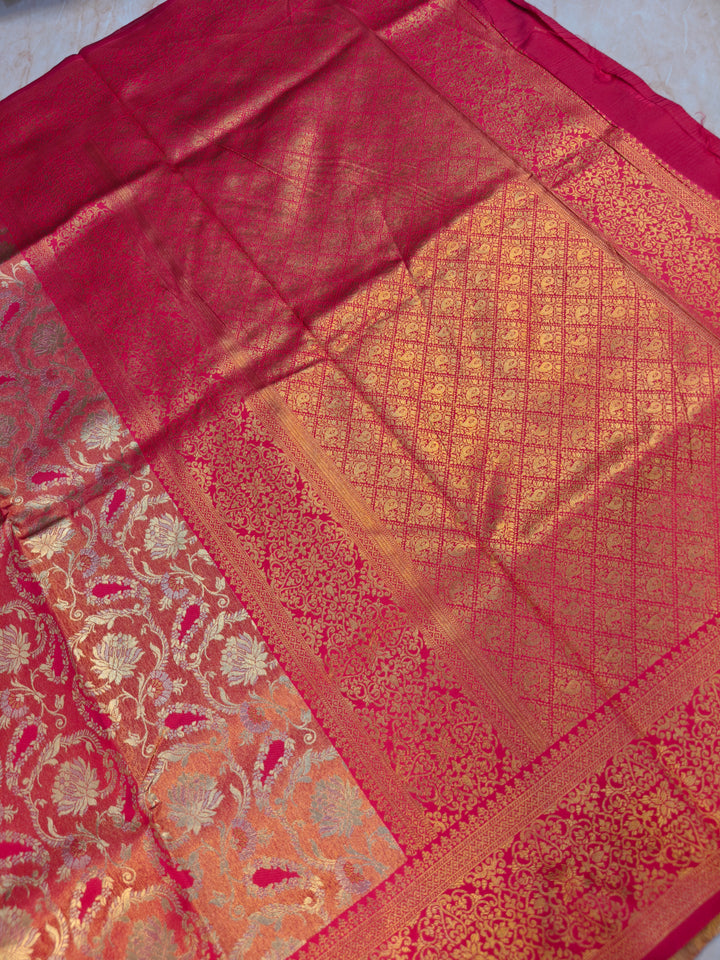 DHARMAVARAM TISU IN GOLD SILVER FUSION WITH RED COLOUR